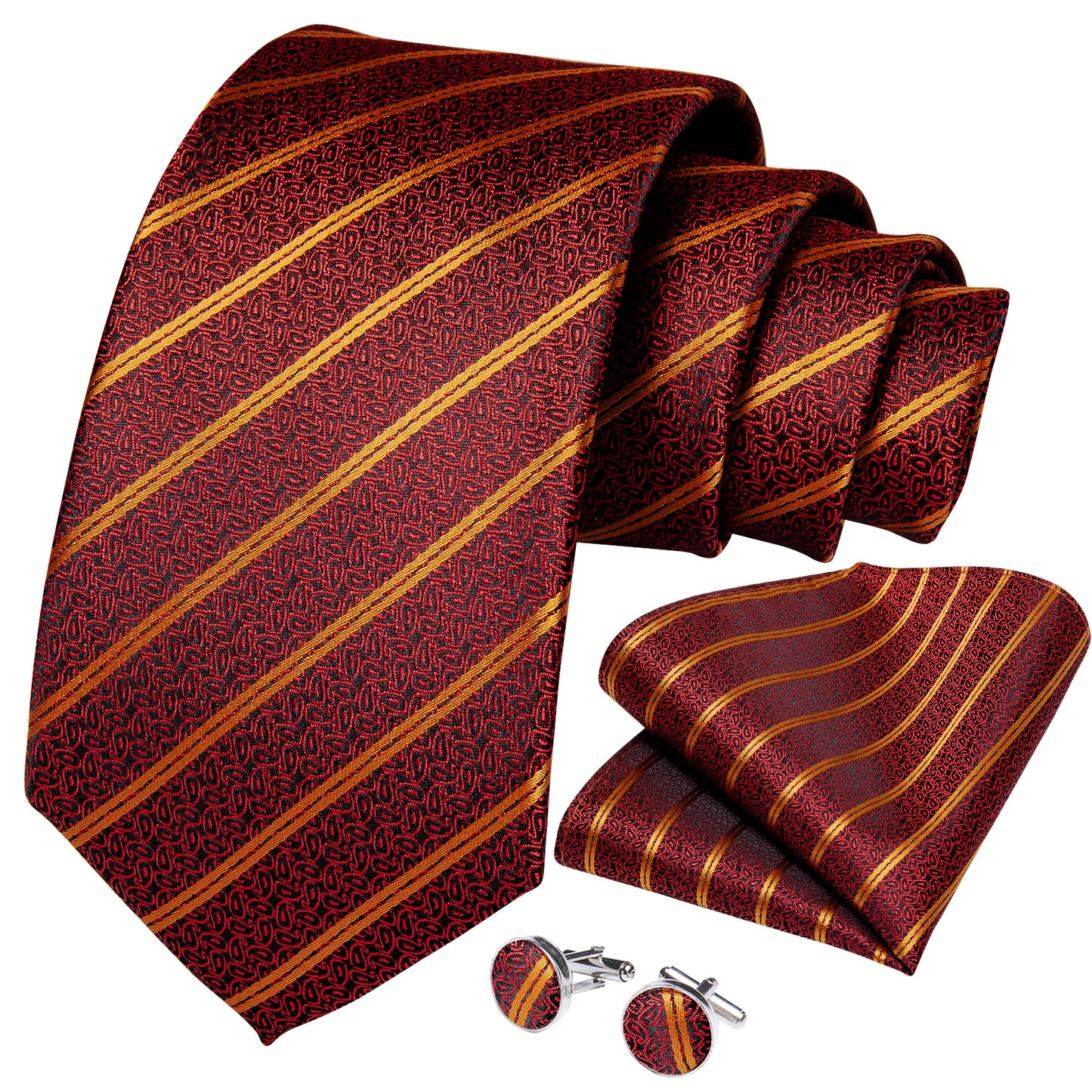 Burgundy and Gold Striped Necktie, Pocket Square and Cufflinks