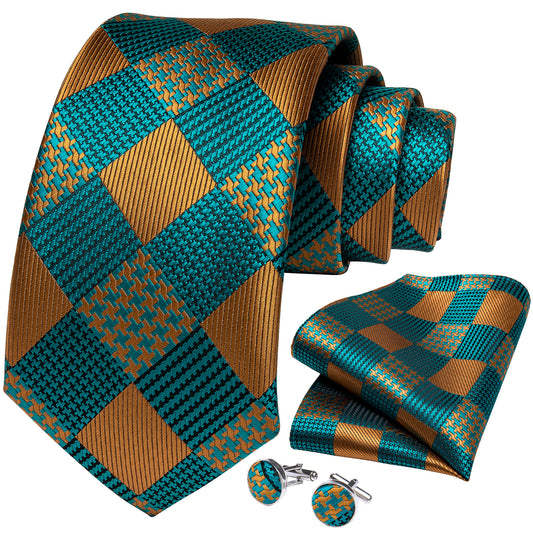 Teal and Gold Necktie, Pocket Square and Cufflinks