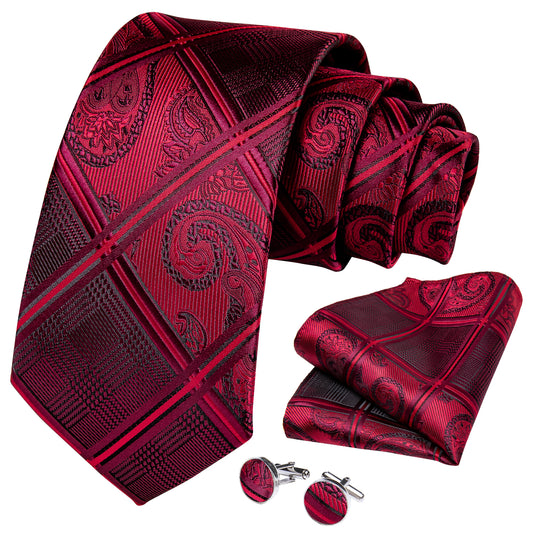 Burgundy and Paisley Necktie, Pocket Square and Cufflinks