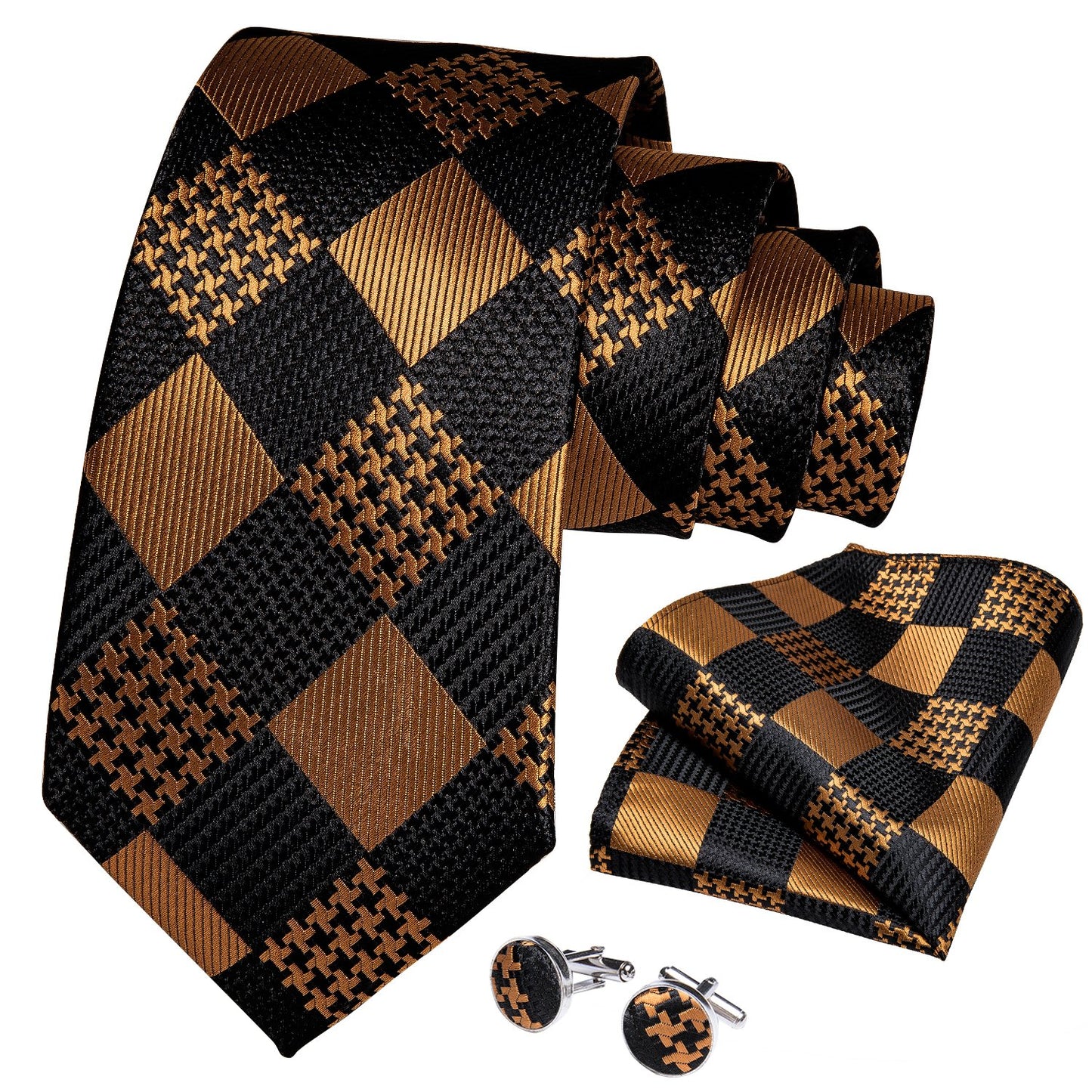 Black and Gold Diamond Print Necktie, Pocket Square and Cufflinks