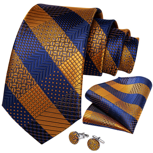 Blue and Gold Print Necktie, Pocket Square and Cufflinks