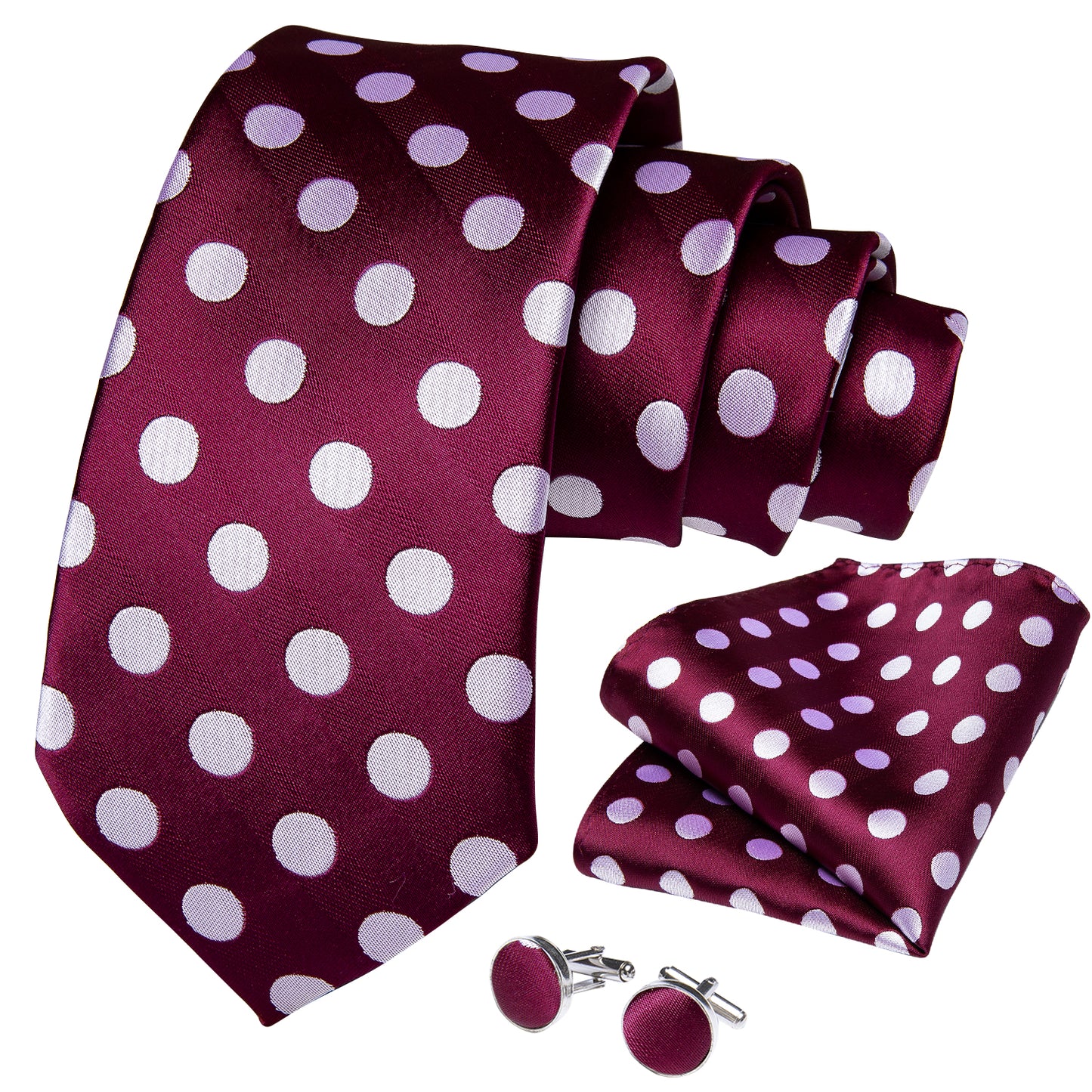 Burgundy with White Circles Necktie, Pocket Square and Cufflinks