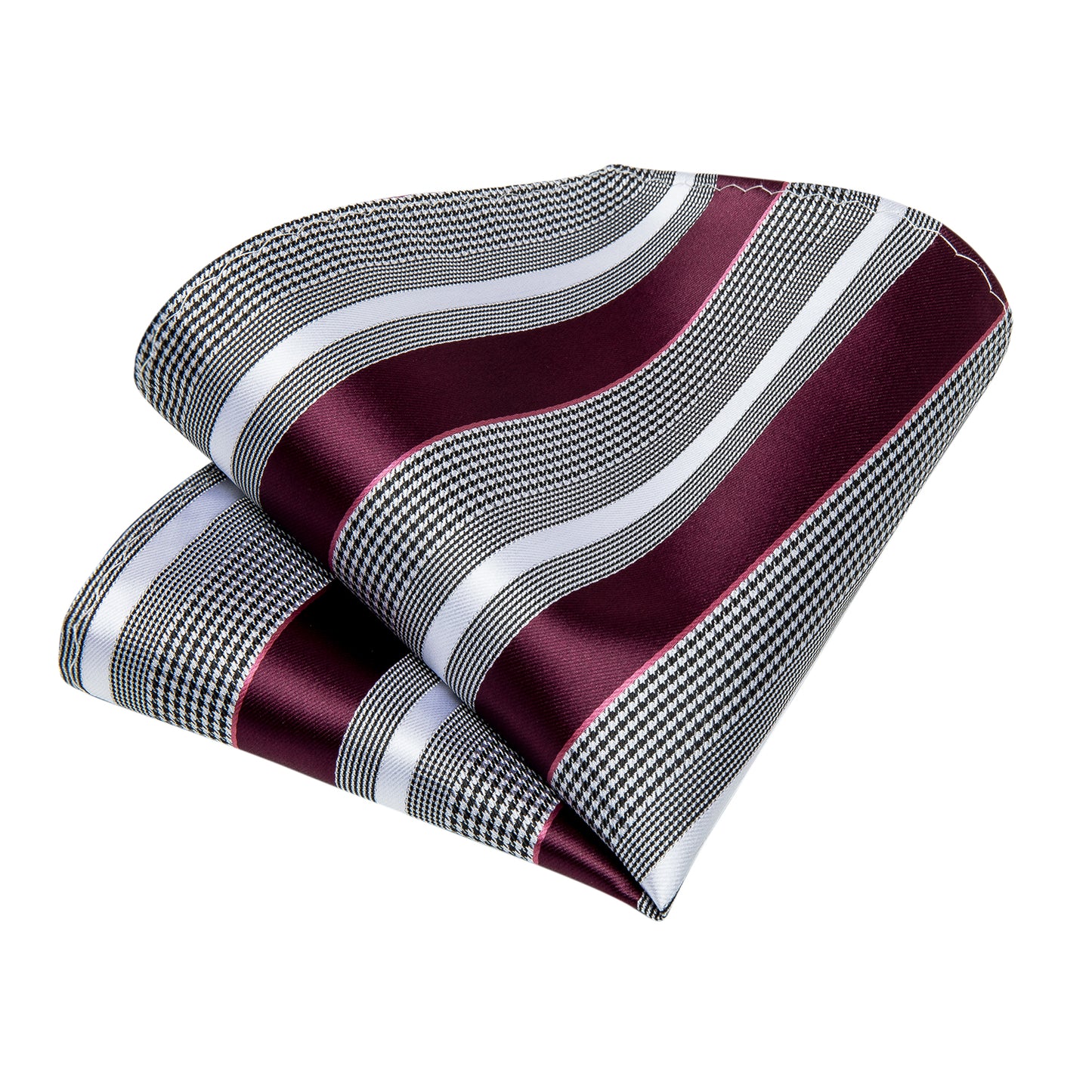 Grey Burgundy and White Stripe Necktie, Pocket Square and Cufflinks