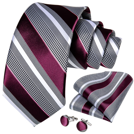 Grey Burgundy and White Stripe Necktie, Pocket Square and Cufflinks