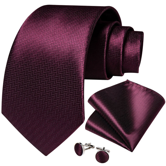 Solid Dark Burgundy Pattern Necktie, Pocket Square and Cufflinks