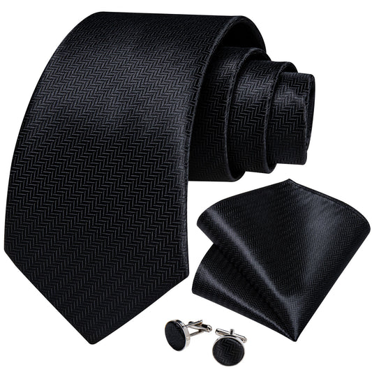 Solid Black Pattern Necktie, Pocket Square and Cufflinks