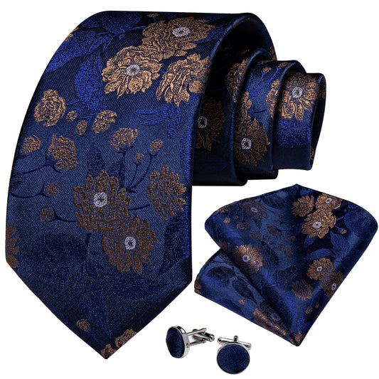 Blue and Gold Flower Necktie, Pocket Square and Cufflinks