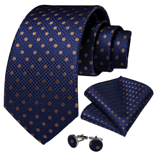 Blue and Gold Circle Necktie, Pocket Square and Cufflinks