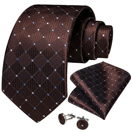 Brown with Blue and White Circles Necktie, Pocket Square and Cufflinks