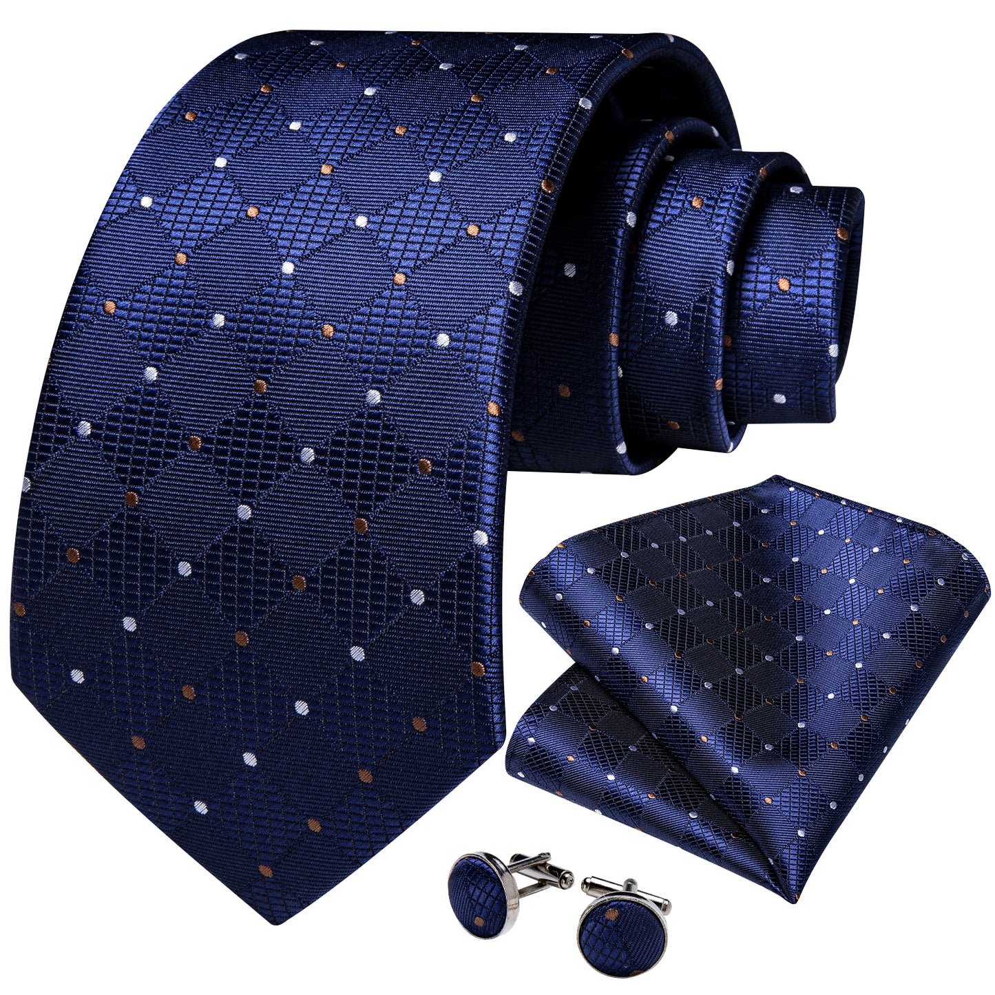 Blue with Gold and White Circles Necktie, Pocket Square and Cufflinks