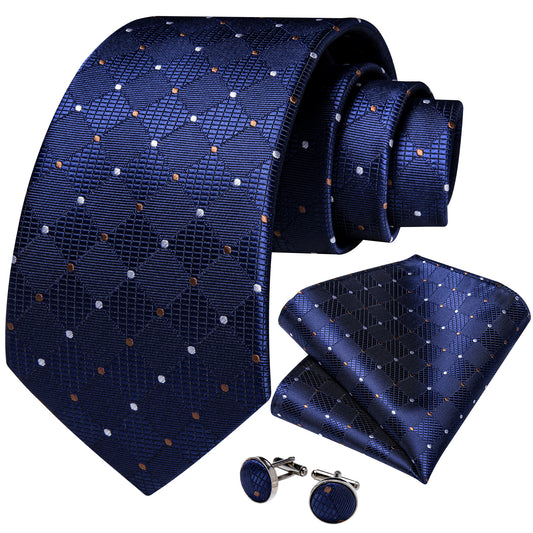 Blue with Gold and White Circles Necktie, Pocket Square and Cufflinks