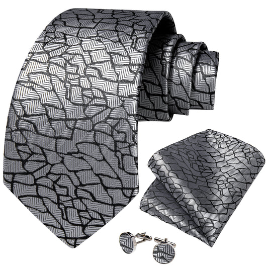 Silver and Black Pattern Necktie, Pocket Square and Cufflinks