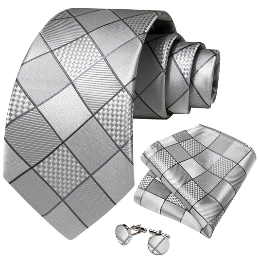Silver and Black Diamond Necktie, Pocket Square and Cufflinks