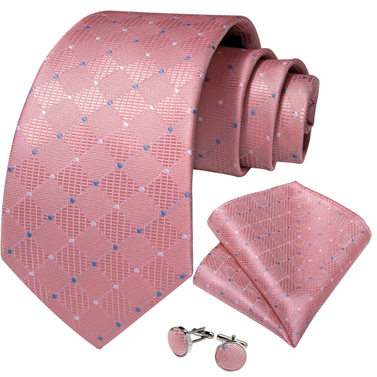 Pink with Blue and White Circles Necktie, Pocket Square and Cufflinks
