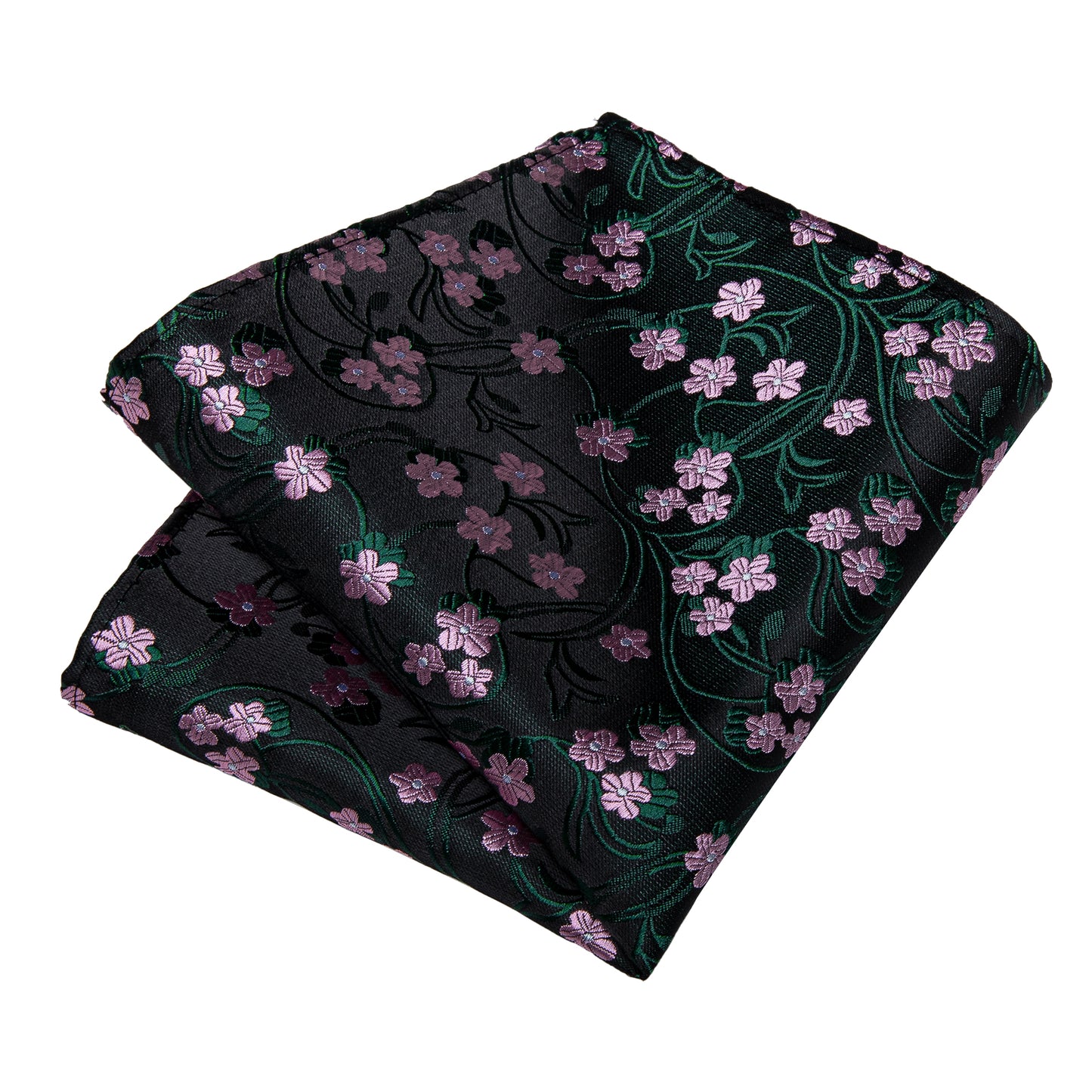 Black with Pink Flowers Necktie, Pocket Square and Cufflinks