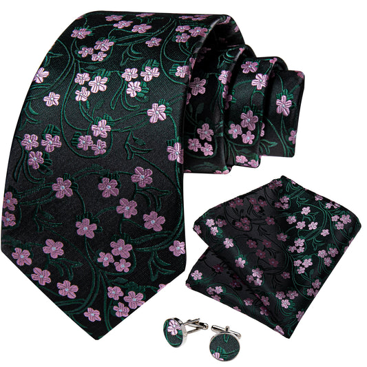 Black with Pink Flowers Necktie, Pocket Square and Cufflinks