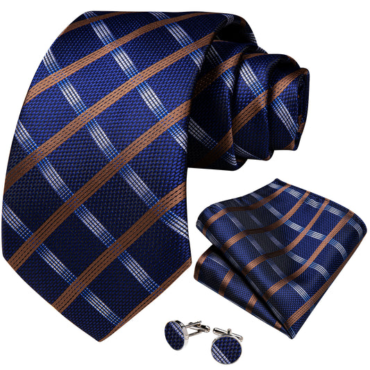 Blue with Gold and White Stripes Necktie, Pocket Square and Cufflinks