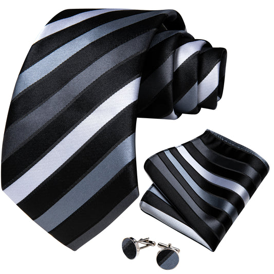 Black White Grey Striped Necktie, Pocket Square and Cufflinks