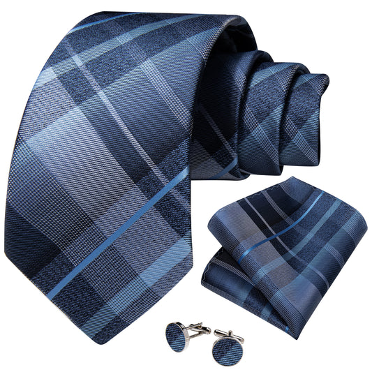 Blue and Grey Plaid Necktie, Pocket Square and Cufflinks