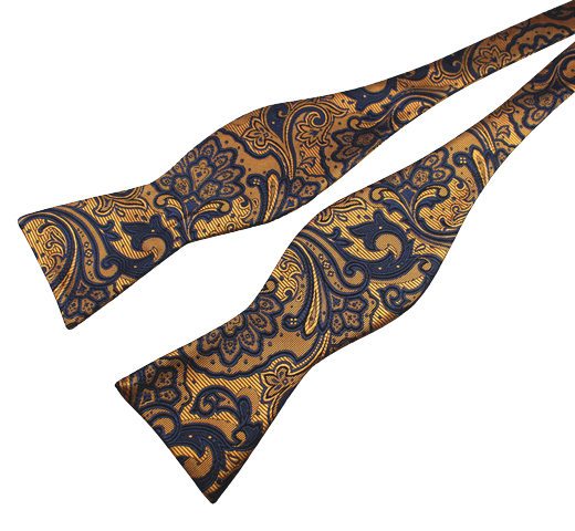 Gold and Dark Blue Paisley Bow Tie with Pocket Square