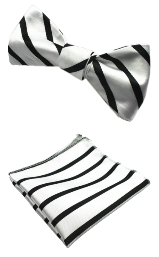 Black and White Striped Bow Tie with Pocket Square
