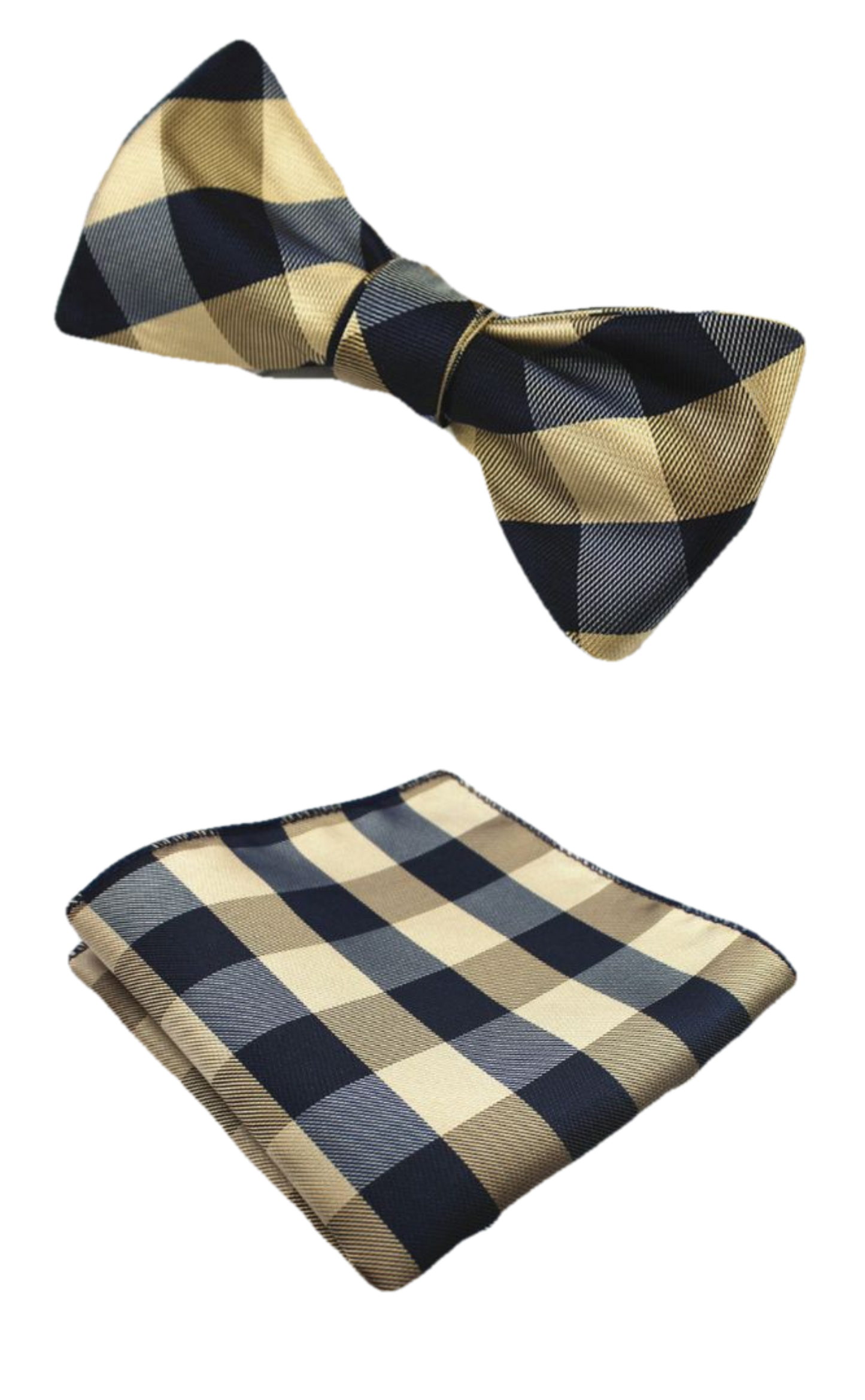 Gold and Dark Blue Bow Tie with Pocket Square