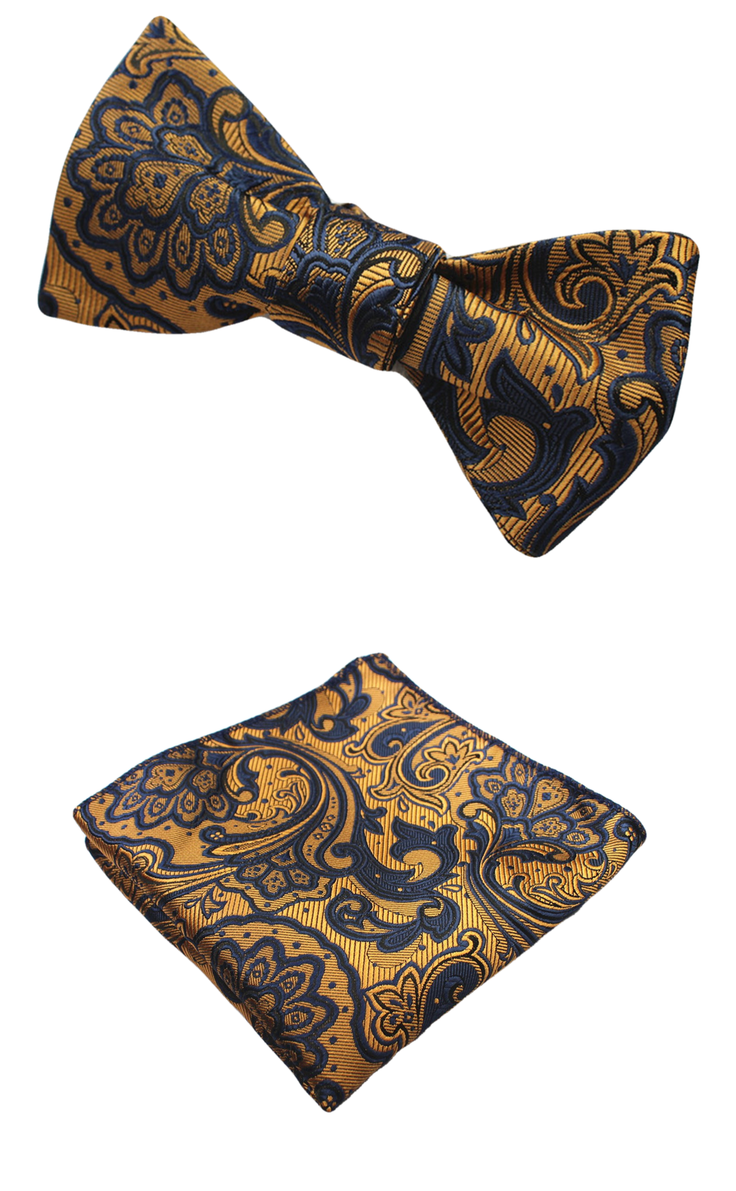 Gold and Dark Blue Paisley Bow Tie with Pocket Square