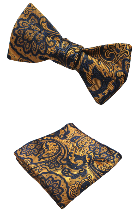 Gold and Dark Blue Paisley Bow Tie with Pocket Square