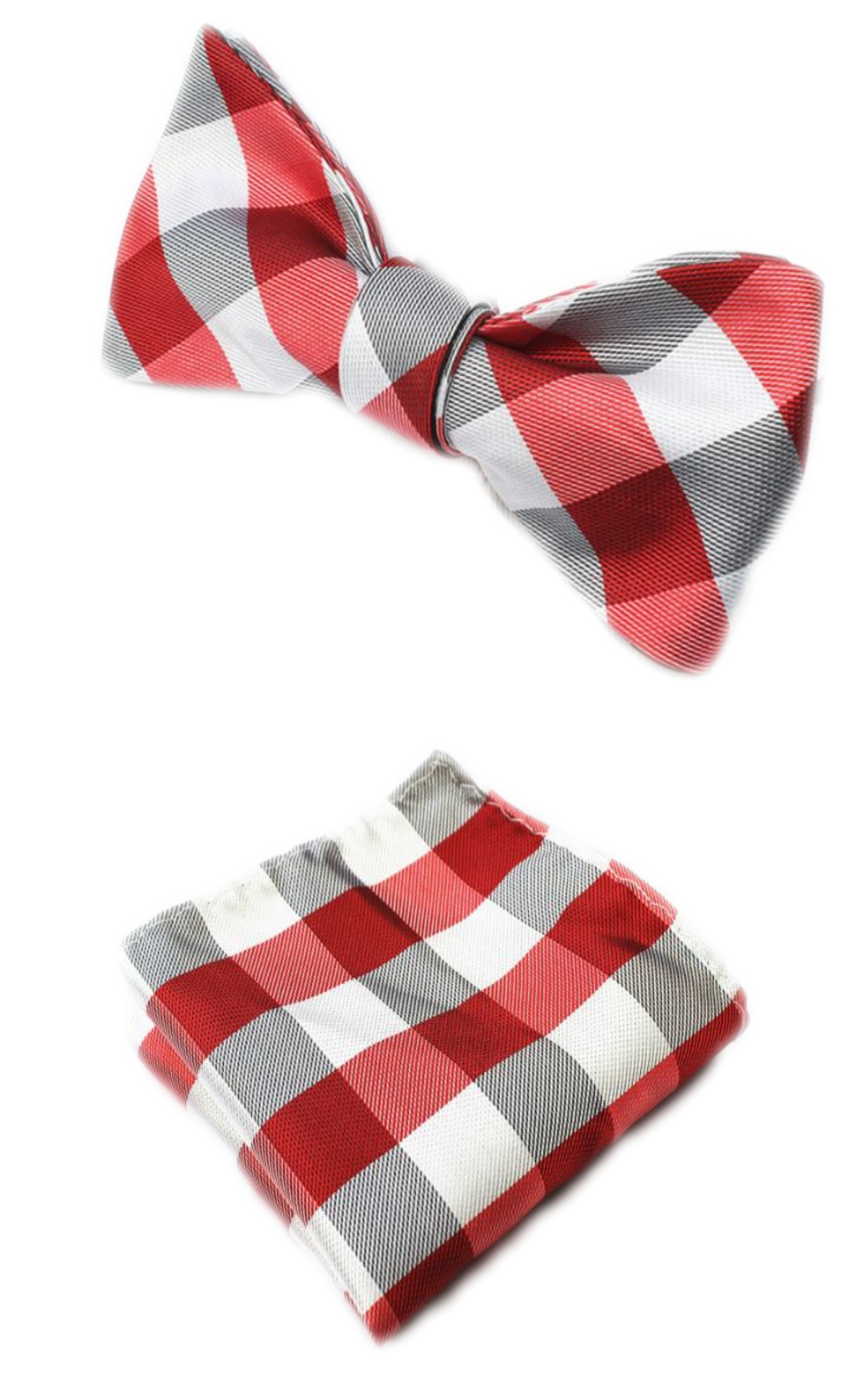 Red Grey and White Striped Bow Tie with Pocket Square