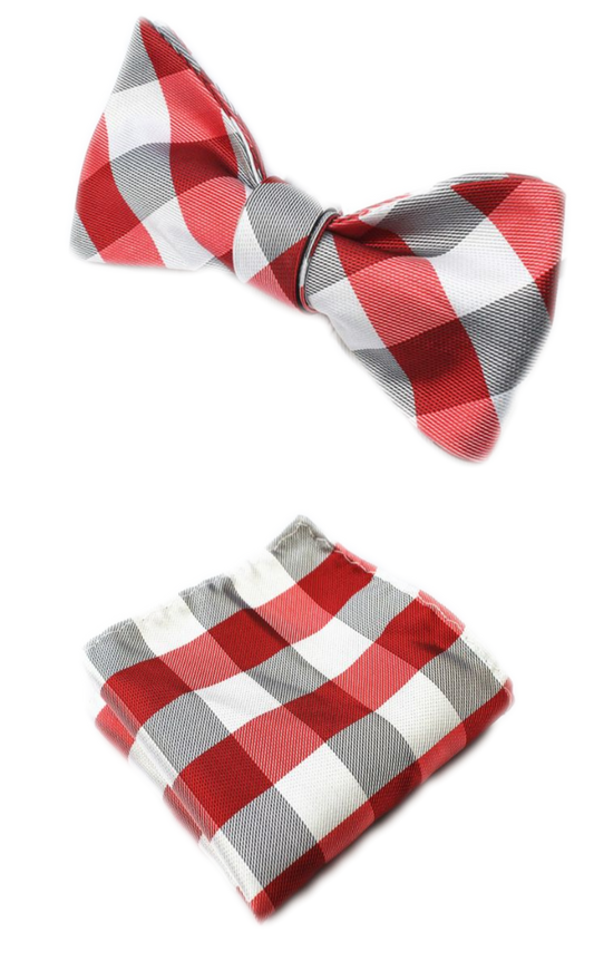 Red Grey and White Striped Bow Tie with Pocket Square