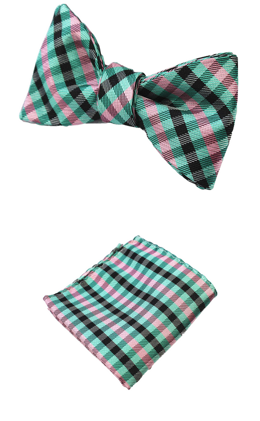 Teal, Pink and Black Striped Bow Tie with Pocket Square