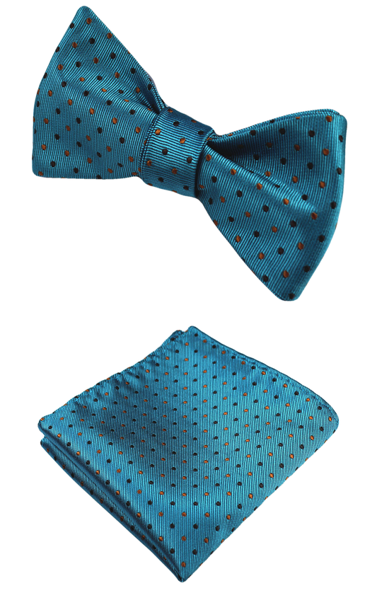 Teal with Brown/Dark Blue Polka Dots Bow Tie with Pocket Square