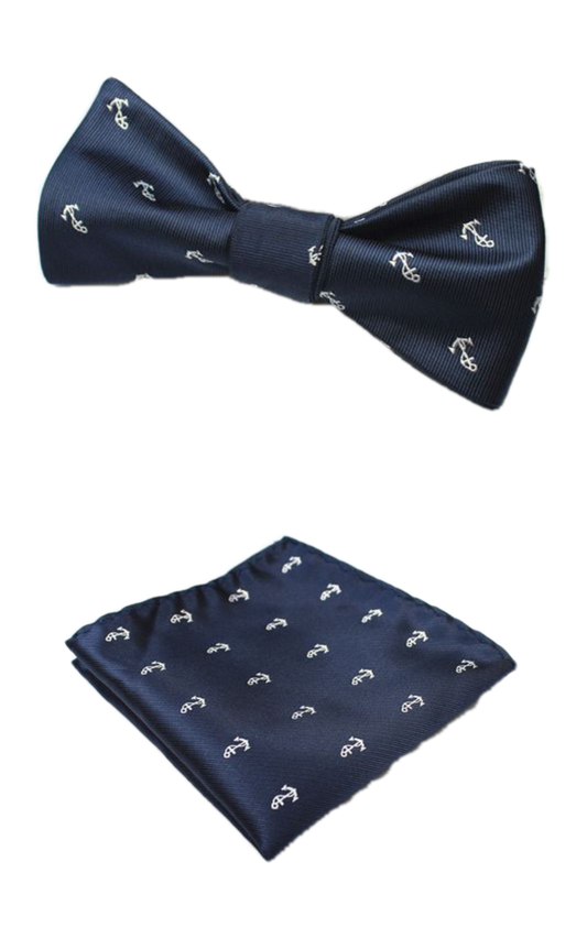 Dark Blue and Anchors Bow Tie with Pocket Square