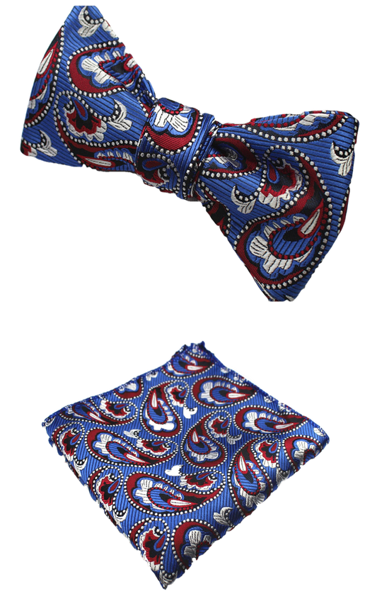 Royal Blue and Red Paisley Bow Tie with Pocket Square