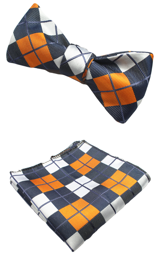 Grey White and Orange Silk Bow Tie with Pocket Square