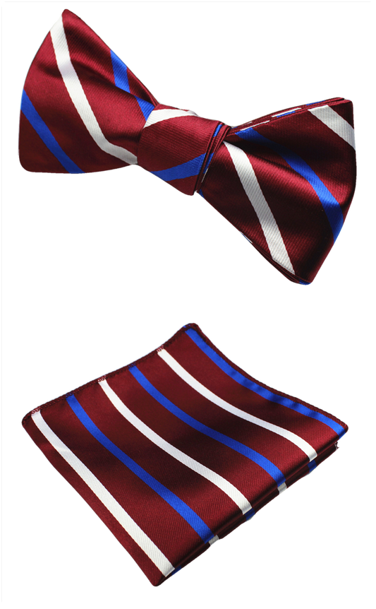 Burgundy Whit and Blue Striped Bow Tie with Pocket Square