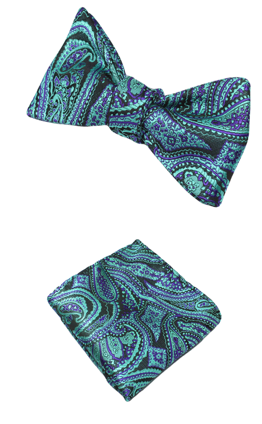 Teal Black and Purple Paisley Bow Tie with Pocket Square